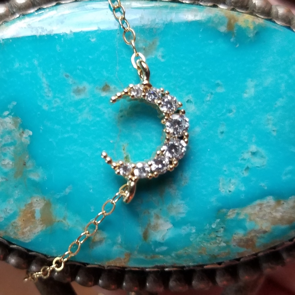 Gold Metal and CZ Crescent Moon Necklace NWOT